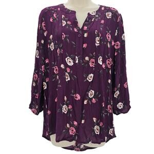 Monday Fun Womans size M Kearney Henley Floral Top Blouse Purple 3/4 Sleeves NEW